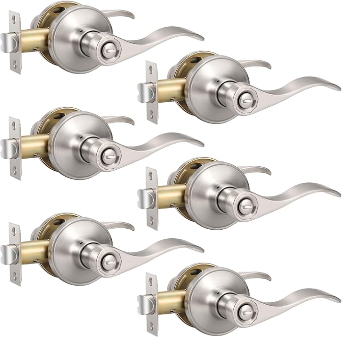 Knobonly 6 Pack Satin Nickel Privacy Door Levers Interior Door Handles for Bedroom and Bathroom Door Knobs Keyless Privacy Door Handles with Lock, Zinc Alloy Reversible for Right/Left
