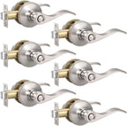 Knobonly 6 Pack Satin Nickel Privacy Door Levers Interior Door Handles for Bedroom and Bathroom Door Knobs Keyless Privacy Door Handles with Lock, Zinc Alloy Reversible for Right/Left