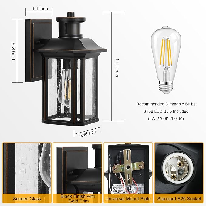 Motion Sensor Outdoor Lights, 3 Adjustable Lighting Modes Porch Lights, Dusk to Dawn Exterior Light Fixtures Wall Mount, Anti-Rust & Waterproof Outside Wall Lantern Sconce for House, Bulb Included