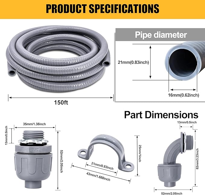 1/2 inch 150 Foot Liquid-Tight Conduit and Connector Kit, Flexible Non Metallic Electrical Conduit, With 10 Straight and 10 Angle Fittings and Pipe Strap