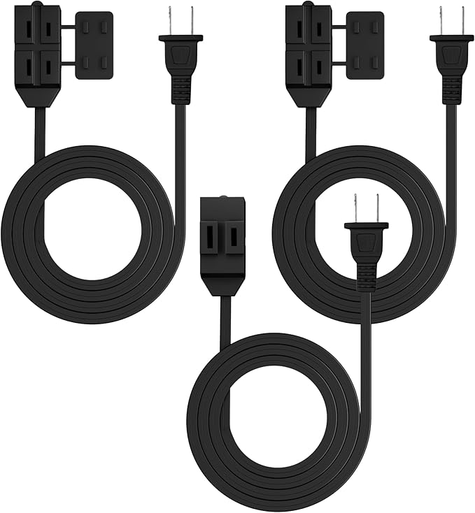 HBN Extension Cord, 3-Pack 3FT Black, 2 Prong Indoor Extension Cord 16/2 SPT-2, 13A, 1625 W, 3-Outlet Extension Cords for Home/Office Use