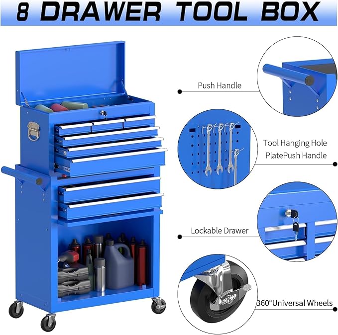 8-Drawer Rolling Tool Chest Tool Box,Removable Tool Storage Cabinet with 4 Wheels and Drawers,2 in 1 Portable Toolbox Organizer, Tool Chest with Lockable Drawer Gifts for Men, Blue