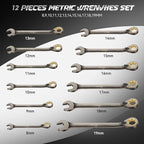 DISEN 12-Piece Reversible Ratcheting Wrench Set, Combination Wrench Set Metric 8-19MM, 72-Tooth, CR-V Steel, Nickel Plating, Crank Design with Organizer Rack