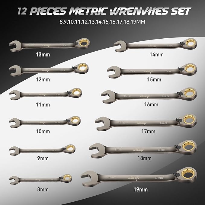 DISEN 12-Piece Reversible Ratcheting Wrench Set, Combination Wrench Set Metric 8-19MM, 72-Tooth, CR-V Steel, Nickel Plating, Crank Design with Organizer Rack