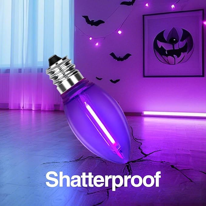 C7 Halloween Light Replacement Bulbs, Led Clear Purple Light Bulbs, 0.6 W C7 Bulb E12 Candelabra Base for Christmas Thanksgiving Xmas Tree Holiday Patio Outdoor String Lights Decor -12 Pack