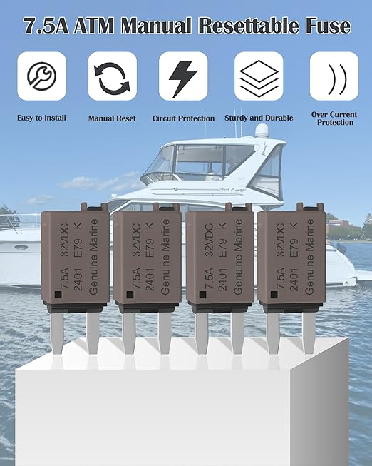 7.5A Low Profile Mini Car Fuse Kit– Automotive 7.5A ATM Manual Reset Circuit Breaker Fuses for Boat, RV, Truck, DC 12V/32V 7.5 Amp Manual Resettable Blade Assortment Kit with Resettable Fuses