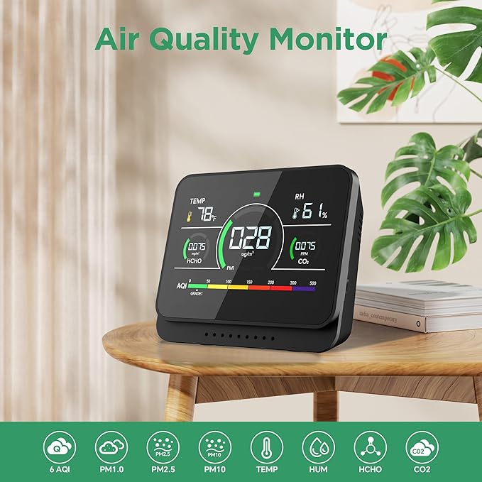 13-in-1 Air Quality Monitor Indoor with Beep Alarm, 6AQI Air Quality Detector with PM1.0 | PM2.5 | PM10 | Temp | CO2 | Formaldehyde | HUM Tester for Home Office Plant (Cool Black)