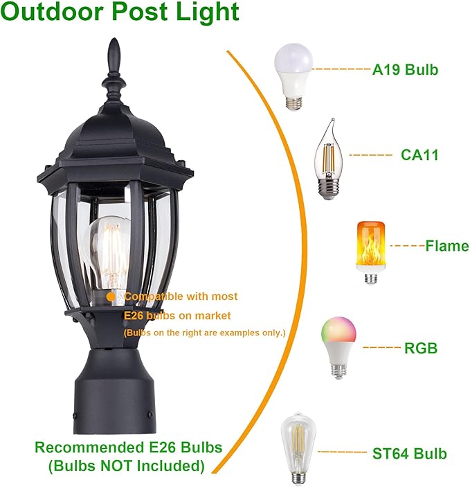 LIT-PaTH Outdoor Post Lighting Fixture Pole Lantern, E26 Medium Base Max 60W, Aluminum Housing Plus Glass, Matte Black Finish, 1-Pack