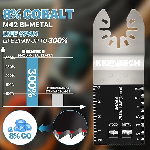 KEENTECH 50PCS Bi-Metal Oscillating Tool Blade for Wood & Metal, General Purpose Multitool Blade for Wood Panel, Nails, Bolts, Screw, Drywall, Quick Release Oscillating Saw Blade for Fine Finish