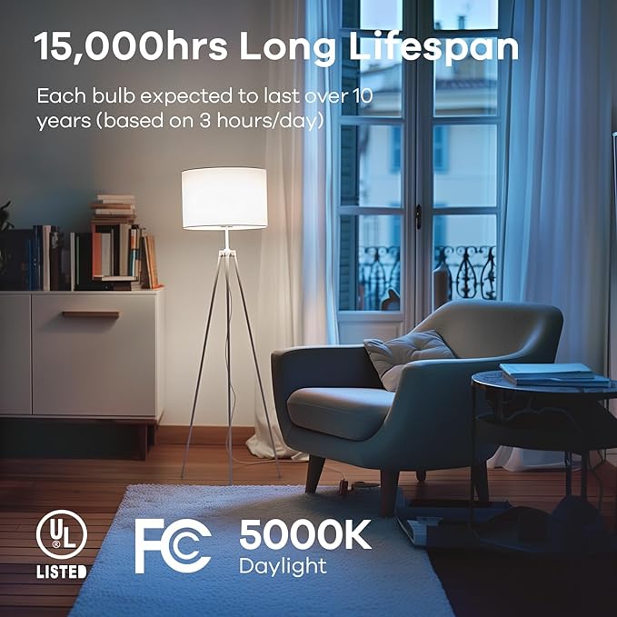 Linkind A19 LED Light Bulbs Dimmable, 40W Equivalent, E26 Base, 5000K Daylight, 5W 480 Lumens 120V, UL Listed FCC Certified, LED Lights for Bedroom Living Room Home Office, 6 Packs