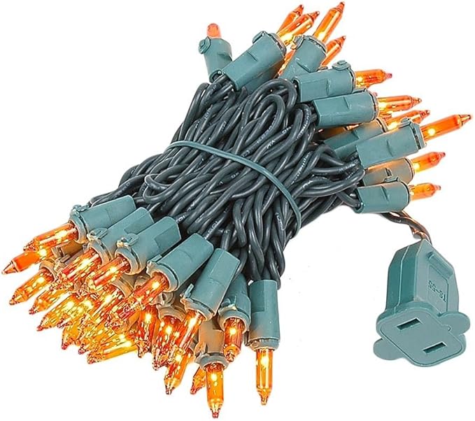 Novelty Lights 11 Feet 50 Bulbs Traditional Incandescent Mini Lights, Amber on Green Wire with 2.5" Spacing, Commercial Grade and UL Listed for Indoor/Outdoor Use, End-to-End Connectable