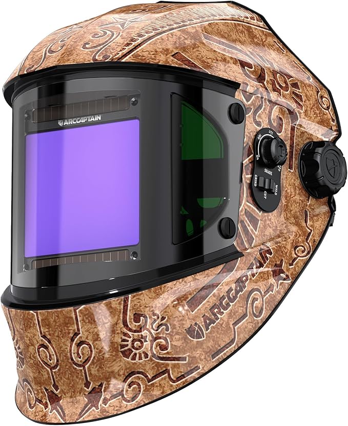 ARCCAPTAIN Auto Darkening Welding Helmet with Side View, 180° Panoramic View, 1/1/1/1 True Color Large Viewing Welding Hood with 4 Arc Sensor Solar Powered, Wide Shade 4/5-9/9-13, Woodcarving