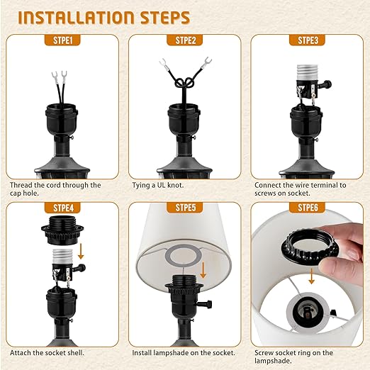 UL Listed E26 Light Socket Replacement,with 2 Lamp Shade Rings,2 ON/Off Turn Knob Types (Short/Long),Other Repair Parts. Fits Table Lamps, Floor Lamps and Light Fixtures,Black (2)