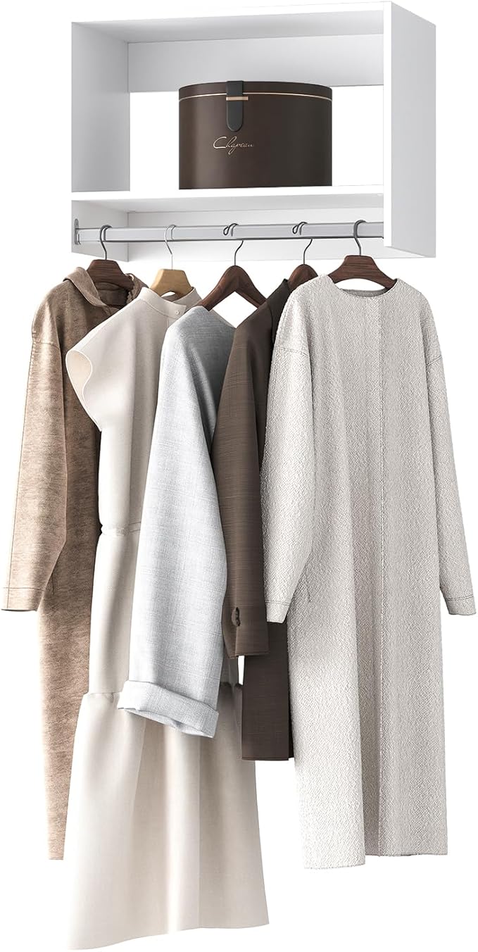 Tall Hanging Closet Unit, Modular Closet System, Wood Closet System Organizer with Storage for Walk In Closets, Clothing Rack Wardrobe Closet for Hanging Clothes, Bedroom, White, 28.5"W