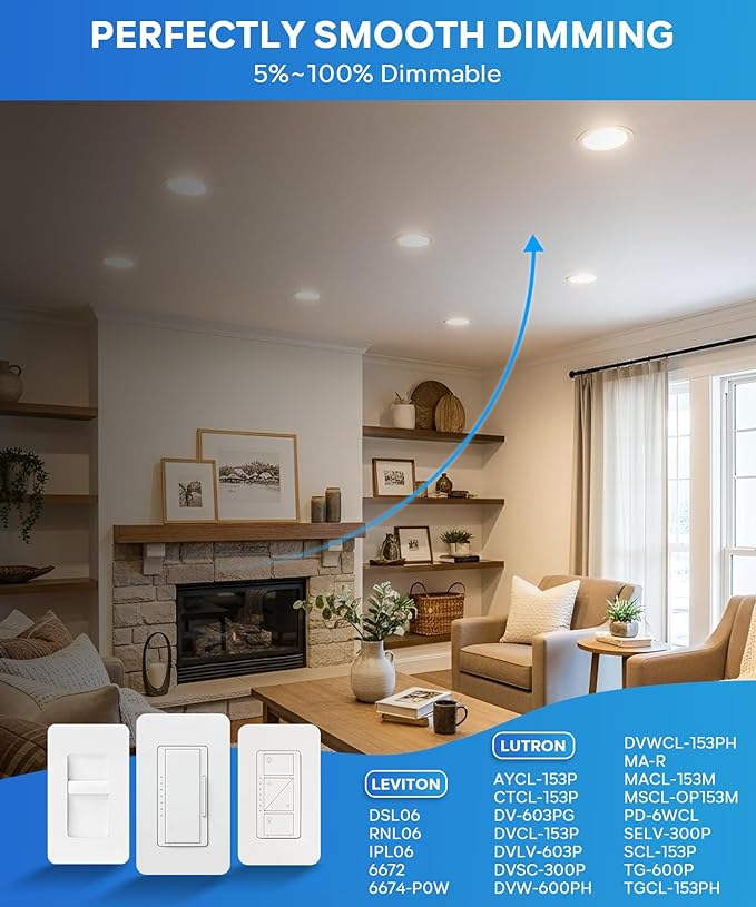 LVWIT 12 Pack Recessed Lighting 6 Inch with Junction Box, Ultra-Thin Dimmable 1200LM 2700K-5000K Wafer Downlight, Canless Smooth Trim LED Ceiling Light with ETL,FCC&IC