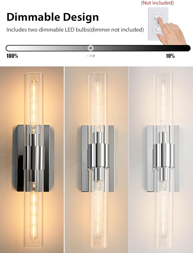 Chrome Tube Wall Sconces with Clear Glass, 24'' Modern Bathroom Vanity Light Fixtures for Bathroom Living Room Bedroom Hallway Fireplace Staircase(Bulb Included).