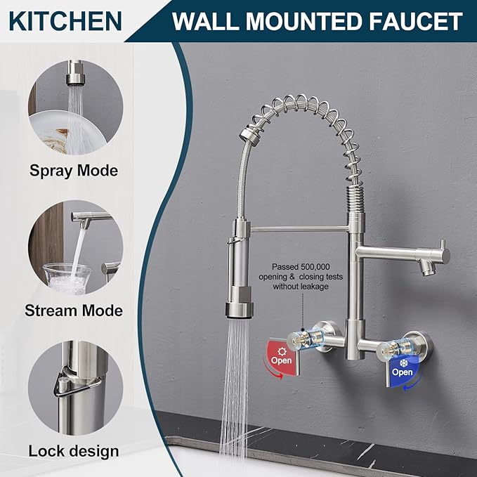 AIMADI Wall Mount Kitchen Faucet,Commercial Sink Faucet with Sprayer, Dual Handles Utility Sink Faucet for Kitchen Laundry Restaurant,Stainless Steel