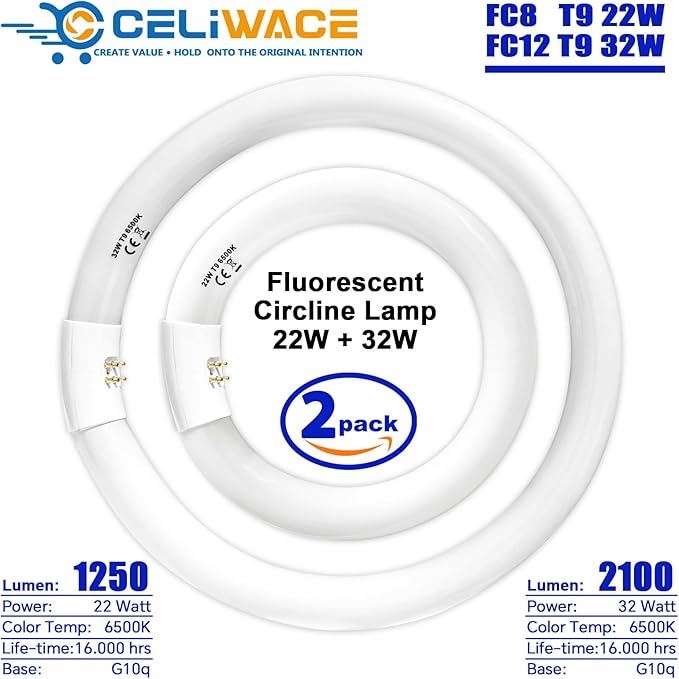 FC8T9 22W and FC12T9 32W Set Daylight, 8 inch T9 22 Watts Circular Light Bulbs, 12 inch 32 Watts Circline Fluorescent Bulb CRI 80, 6500K 3350 Lumen G10q