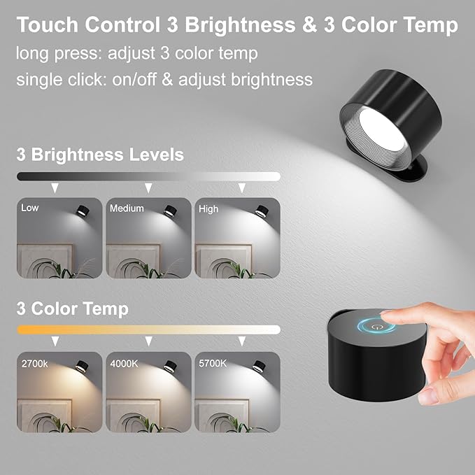 Koopala 2PCS Rechargeable Battery Operated LED Wall Lamps, Wall Mounted Lights with 3 Brightness 3 Color Temp Removable Charging 360°Rotate Magnetic, Cordless Wall Sconces for Reading Bedside-Black
