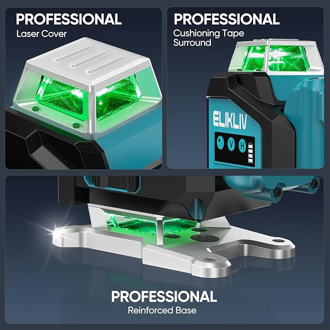 Elikliv Laser Level 360 Self Leveling, 200Ft Green Laser Level Lines Tool, 4x360° Cross Line Laser, Self Leveling Laser Level for Construction＆Picture Hanging, Rechargeable Batterie(16Hrs)