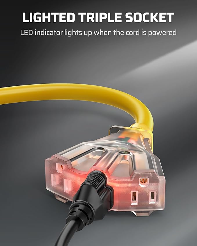 DEWENWILS 2 FT 12/3 Gauge Indoor/Outdoor Tri-Tap Extension Cord Splitter, SJTW 15 Amp Yellow Outer Jacket Contractor Grade Heavy Duty Power Cable with LED Lighted Plug, ETL Listed, Pack of 3