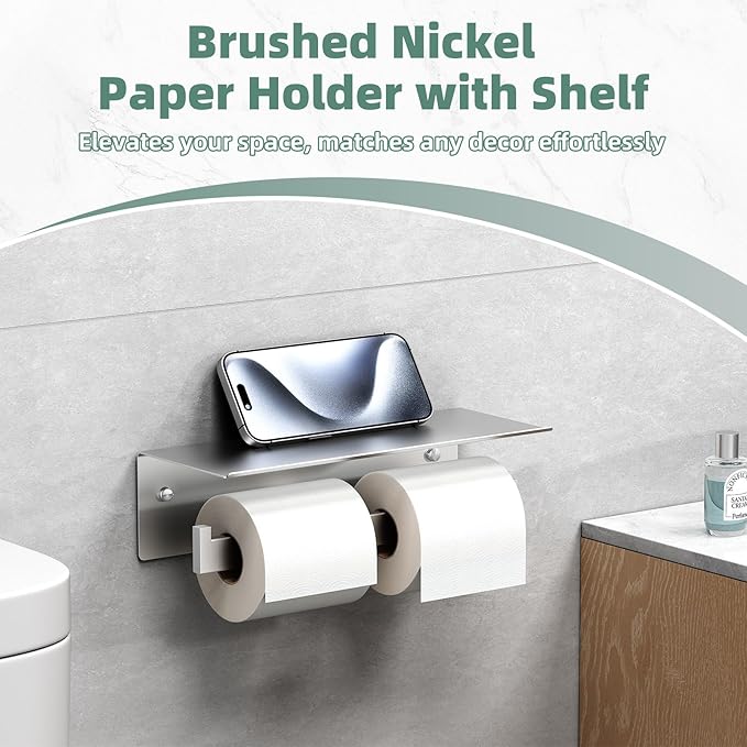 APLusee Double Toilet Paper Holder with Shelf, 304 Stainless Steel Brushed Nickel Bathroom Tissue Holder, Commercial Paper Roll Dispenser Wall Mounted