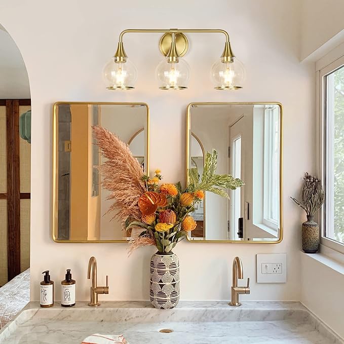 Gold Bathroom Vanity Light 3-Lights Bathroom Light Fixtures Over Mirror with Clear Glass Shade 22.4 inch Wall Sconce Lighting Bath(Exclude E26 Bulb)
