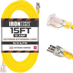 Iron Forge Cable Weatherproof 15 Ft Outdoor Extension Cord - 16/3 SJTW 13 Amp Heavy Duty Highly Visible Yellow Extension Cord 3 Prong - Lighted End