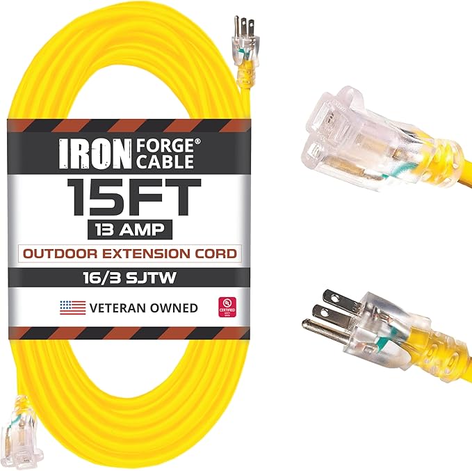 Iron Forge Cable Weatherproof 15 Ft Outdoor Extension Cord - 16/3 SJTW 13 Amp Heavy Duty Highly Visible Yellow Extension Cord 3 Prong - Lighted End