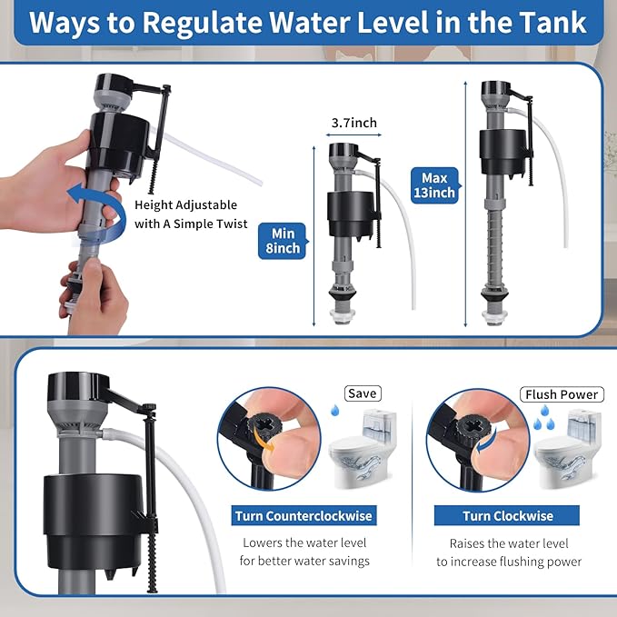 16 Pieces Adjustable Toilet Fill Valve Replacement Kit with Gloves, Quiet Toilet Flush Valve for Tank and Bowl, Universal Toilet Valve Replacement Set (8–13 in, G15/16")