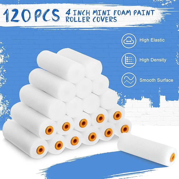 Nuogo 120 Pcs 4 Inch Foam Paint Roller Mini High Density Foam Roller Refills Paint Edger Tool for Walls Brings Smooth Finishes Flat Surfaces (White)