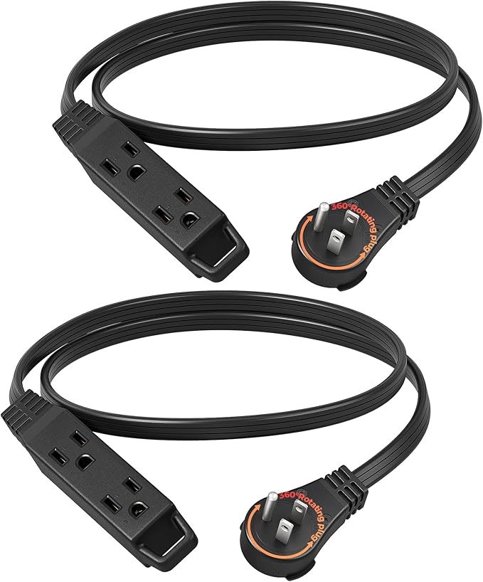 DEWENWILS 3FT 360° Rotating Flat Plug Extension Cord/Wire, 16AWG Multi 3 Outlet Extension Cord, 3 Prong Grounded Wire for Small Appliances, 2 Pack, Black