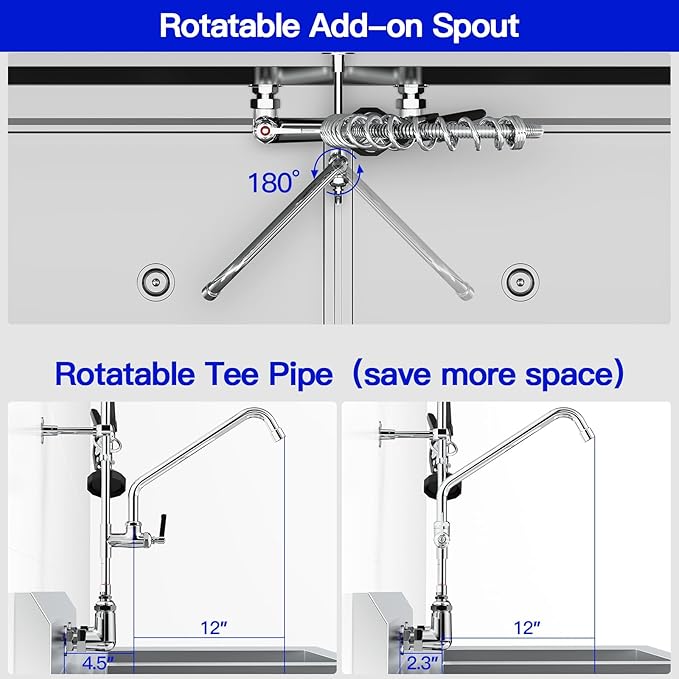 Commercial Kitchen Faucet 47" Height Wall Mount with Pull Down Sprayer 8" Center Wall Mount Kitchen Sink Faucet with 14" Add-on Swing Spout Pre Rinse Faucet for Commercial Kitchen Sink