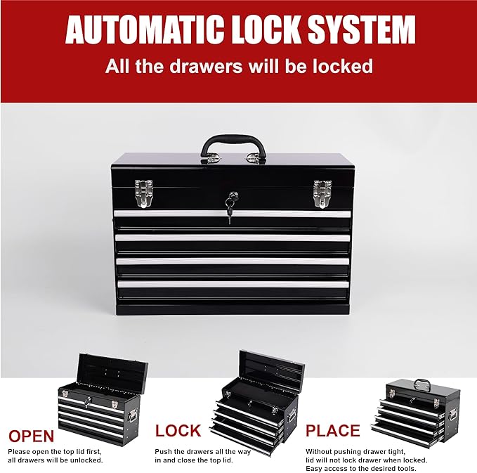4 Drawers Metal Tool Box, 21" Portable Steel Tool Chest w/Key Lock & Latch Closure, Multi-Function Top Storage Tray Toolbox w/Powder Coating & Ball Bearing Slides for Garage & Workshop(Black)