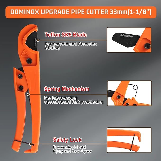 DOMINOX PVC Pipe Cutter with Sharp Blade, Cuts up to 32mm O.D, Ratchet PVC Cutter Tool with SK5 Blade and Plastic Handle, Hose Cutter with 1/8"-1" Cutting Capacity for PEX, PPR, PE, PP