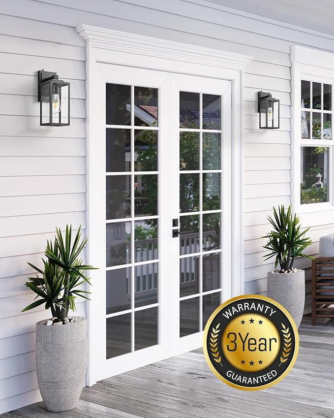 VIANIS Dusk to Dawn Outdoor Porch Lights Wall Mount, Modern Black Exterior Sconce Light for House, Waterproof Carriage Lamp, Anti-Rust Aluminium Wall Lantern with Tempered Seed Glass Shade for Garage