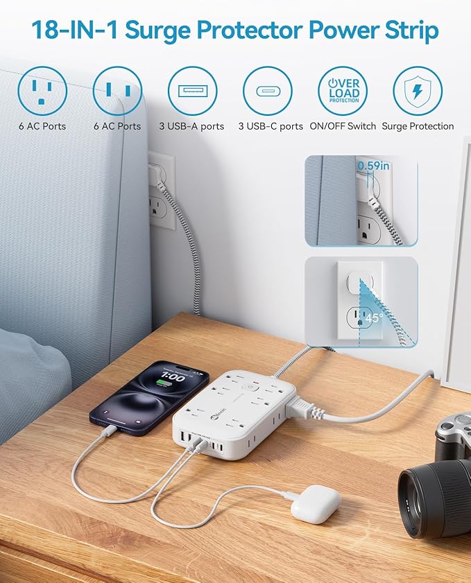 Power Strip with USB, 2100J Surge Protector Flat Plug Extension Cord 5ft, 12 Outlets & 6 USB(3 USB C)Charging Station, 3 Side Outlet Extender Wall Mountable for Tablet Laptop Computer Multiple Devices