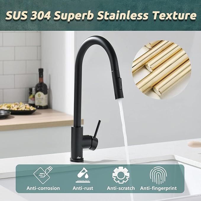 APPASO Kitchen Faucet with Pull Down Matte Black, Single-Handle High Arc Swan-Neck Modern Kitchen Sink Faucet with Optional Deck Plate Stainless Steel