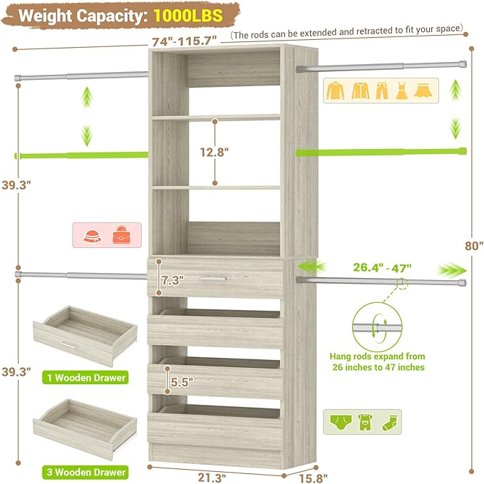 Aheaplus 4-9Ft Closet System, Closet Organizer with 4 Wooden Drawers, Wood Closet Organizer System with Tower, Walk-in Closet Organizer Wardrobe and Storage with 4 Hanging Rods, White Oak