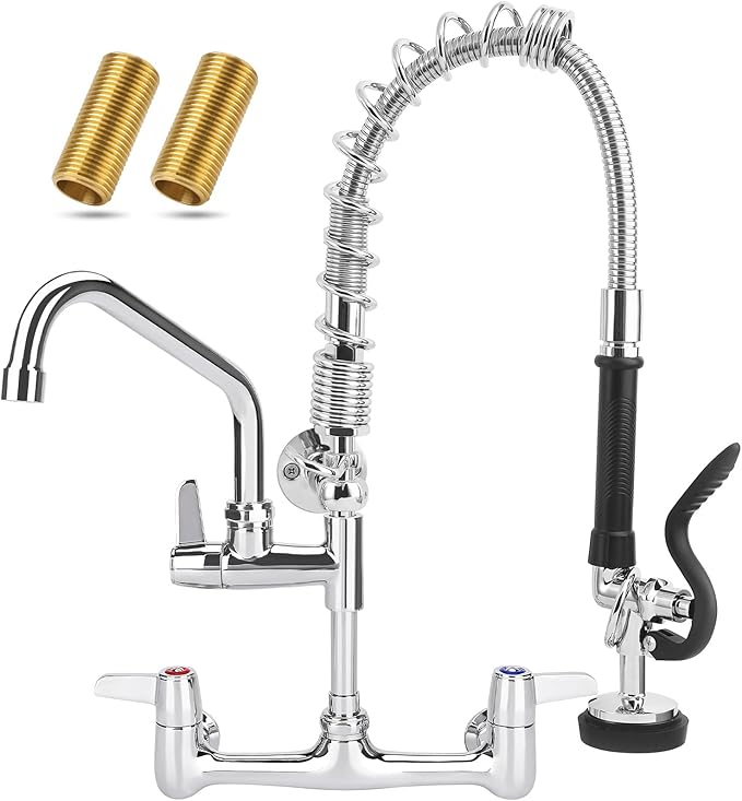 Commercial Faucet with Sprayer, 21 Inch Height Commercial Sink Faucet Wall Mount with 8" Adjustable Center and 8" Add-on Swing Spout & Pull Down Pre Rinse Sprayer