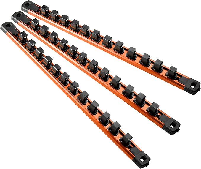 Magnetic Socket Organizer, 3-Piece Heavty Duty Aluminum Socket Holder, Socket Rail for Tool Box, Premium Quality 360° Swivel Socket Rack with 36 Clips for 1/2-Inch(Orange)