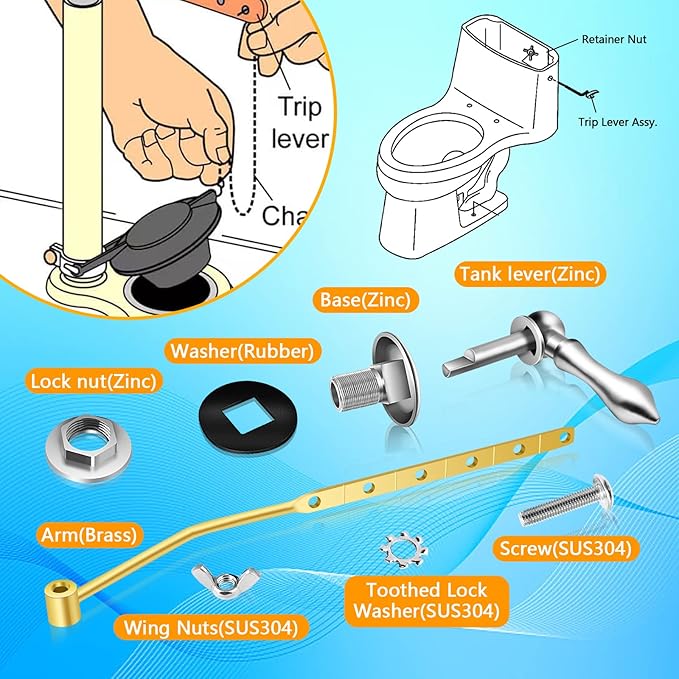 Boltigen Universal Front Angle Mount Toilet Handle, Chrome Finish Toilet Tank Flush Handle Lever, Toilet Trip Lever Handle Replacement Kit with 1pc Stainless Steel Flapper Chain