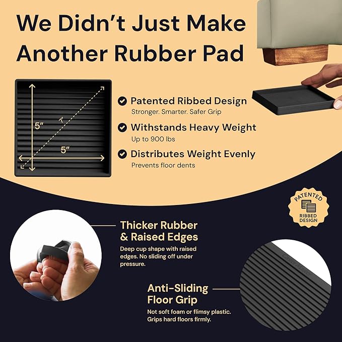 CasterMaster Non-Slip Furniture Pads for Hardwood Floors - 5 in x 5 in Pack of 4 - Black - Heavy-Duty Rubber Feet & Floor Protectors for Furniture - Noise-Dampening Anti-Skid Caster Cups