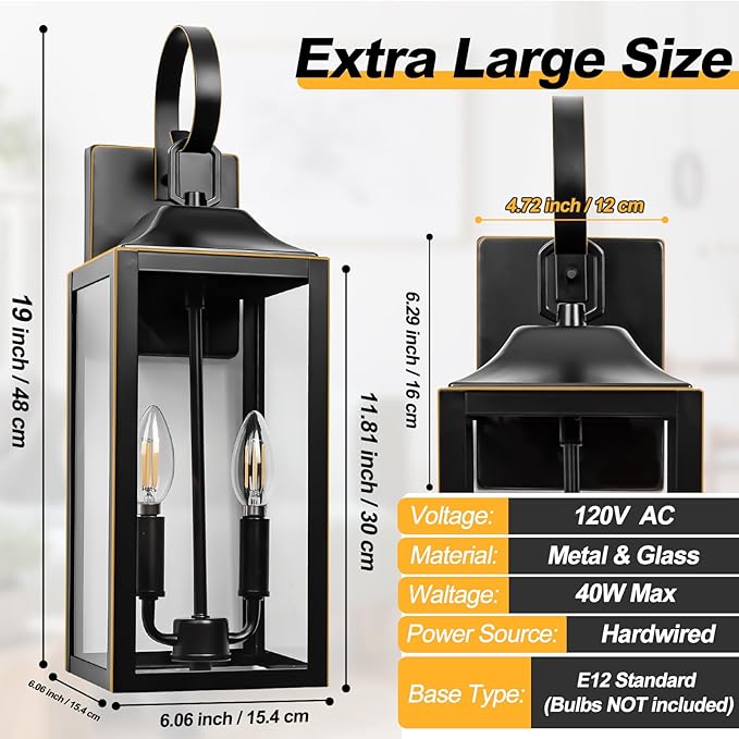 19" Large Outdoor Wall Light - Black Outside Wall Mounted Light Fixture with Gold Trim, Exterior Farmhouse Wall Sconce Lantern, Modern Porch Lighting Exterior Lamp for House 2-Light
