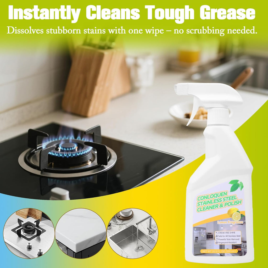2-Pack Stainless Steel Cleaner Spray, Cleans & Polishes for Streak-Free Shine on Appliances, Range Hood, Sinks, Ovens, Refrigerators 33.8 Oz– Includes 2 Kitchen Sponges & 2 Mop Cloths, Lemon Scent