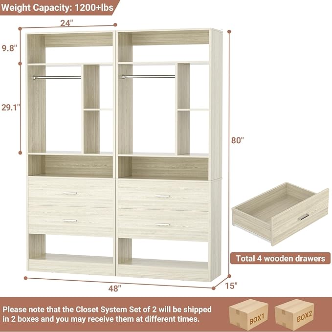 4FT Closet System with 4 Wood Drawers, 48" Closet Organizer System with 10+ Small Shelves & 2 Hanging Rods, Walk-in/Nursery Closet Systems, Set of 2, White Oak (48" L x 15" W x 80" H)