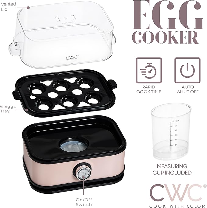 COOK WITH COLOR 6-Egg Capacity Egg Cooker – For Soft, Medium, Or Hard-Boiled Eggs, Rapid Cook Time, Auto Shut-Off & Boil-Dry Protection – Includes Tray, Measuring Cup & Lid – 210W Egg Maker, Pink