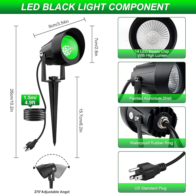 Halloween Green Landscape Spotlights, 14 LED Landscape Lighting with US Plug, IP65 Waterproof Outdoor for Tree Yard Garden Pathway Christmas Decor, 4 Pack