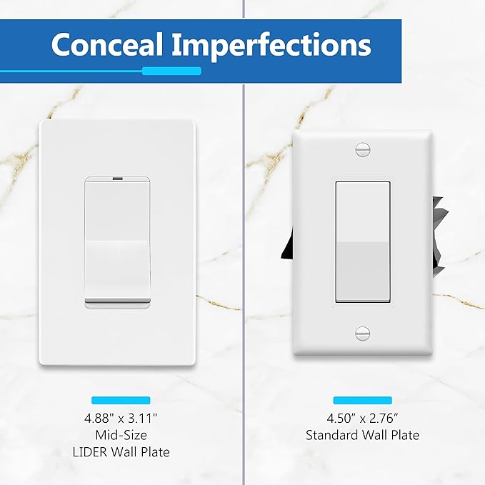 LIDER Matte Finish Decorator Switch Cover, Screwless Wall Plate, Mid-Size 1-Gang 4.88" x 3.11", Unbreakable Polycarbonate Thermoplastic, UL Listed, LSWP-31M-W5P, White, 5 Pack