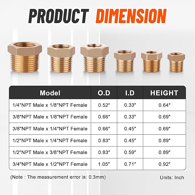 18PCS Brass Hex Bushing Fitting Kit,1/4" - 1/8", 3/8" - 1/8",3/8" - 1/4",1/2" - 1/4",1/2" - 3/8",3/4" - 1/2" NPT Pipe Fittings